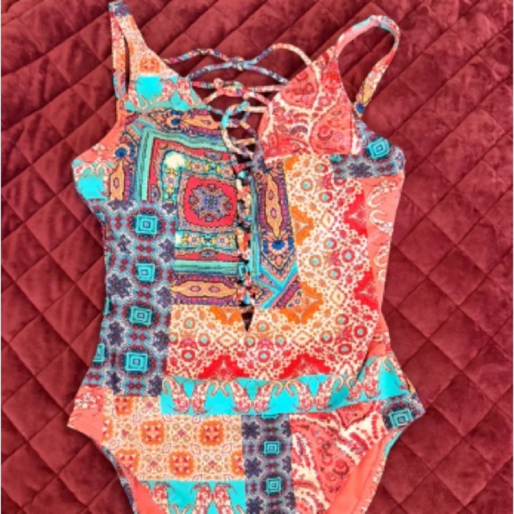 Girls One-Piece Swimsuit in Coral & Turquoise Patchwork